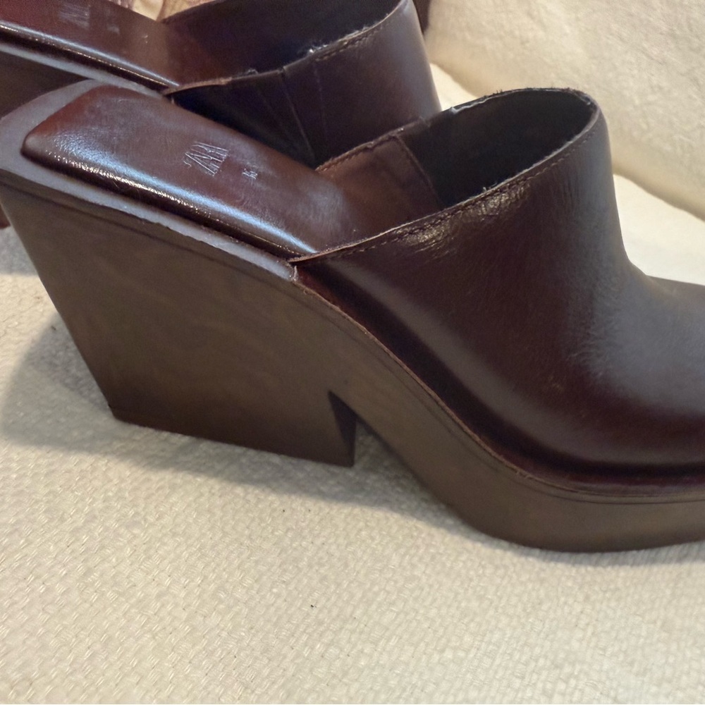 Zara Brown Leather Squared Toe Clogs - Picture 10 of 10